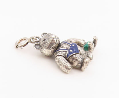 925 Sterling Silver Vintage Pendant Enamel Teddy Bear With Teddy MOVES  PT25954