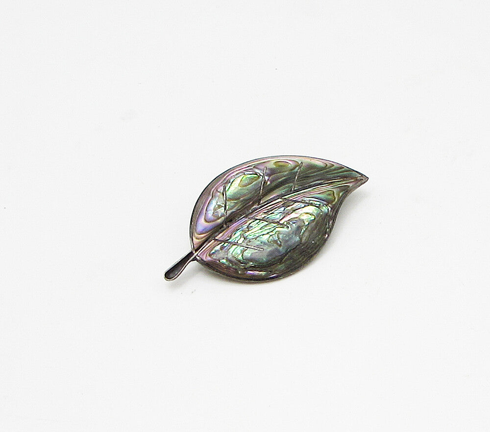 MEXICO 925 Silver  Vintage Mother Of Pearl Floral Leaf Brooch Pin  BP1035