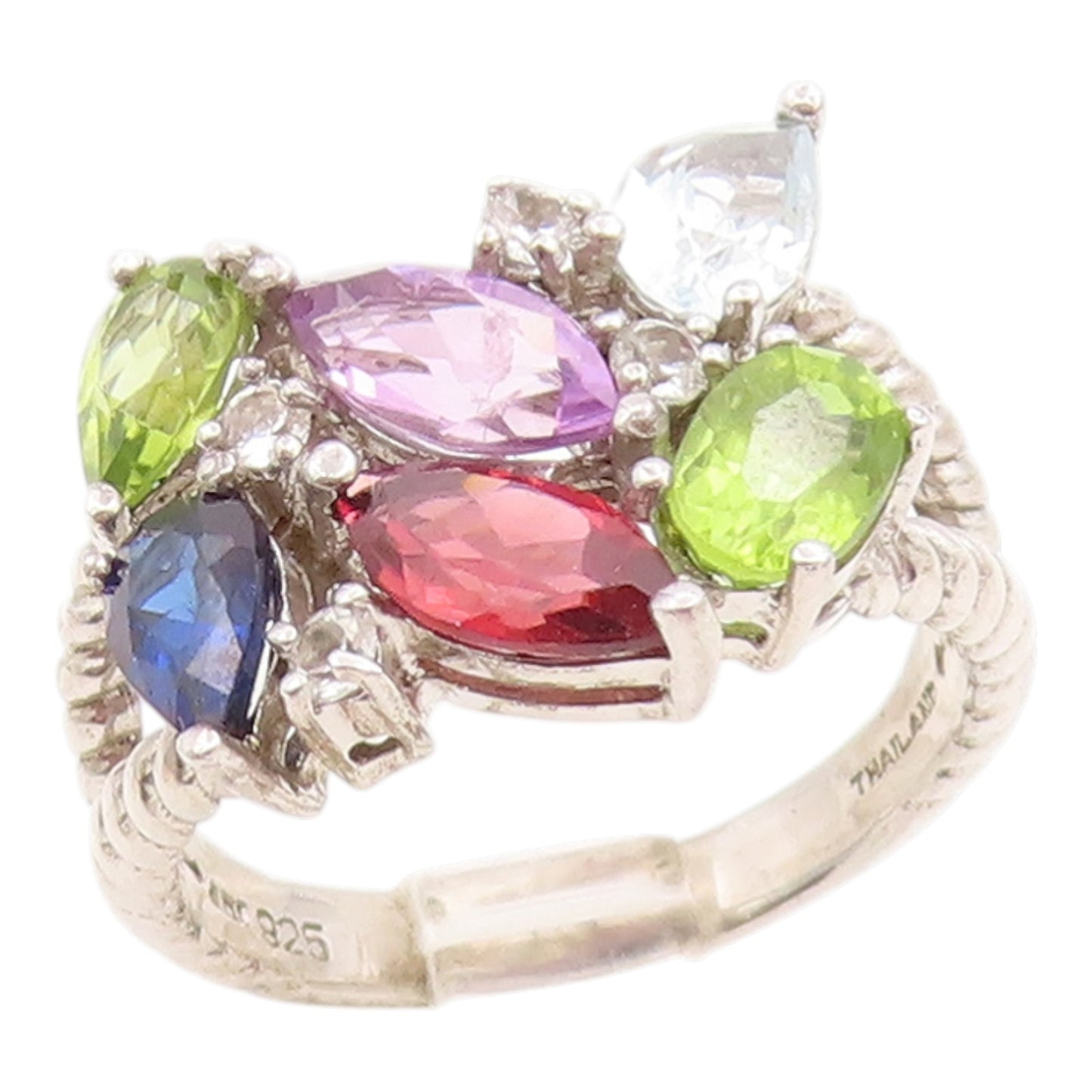 925 Sterling Silver Vintage Ring Elegant Multi Gemstone Cluster  Sz 7  RG35730