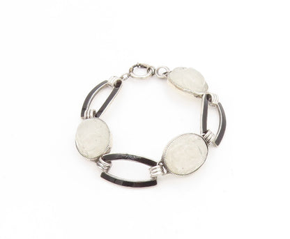 925 Sterling Silver Vintage Bracelet Carved Quartz Classic Panel Link  BT11743