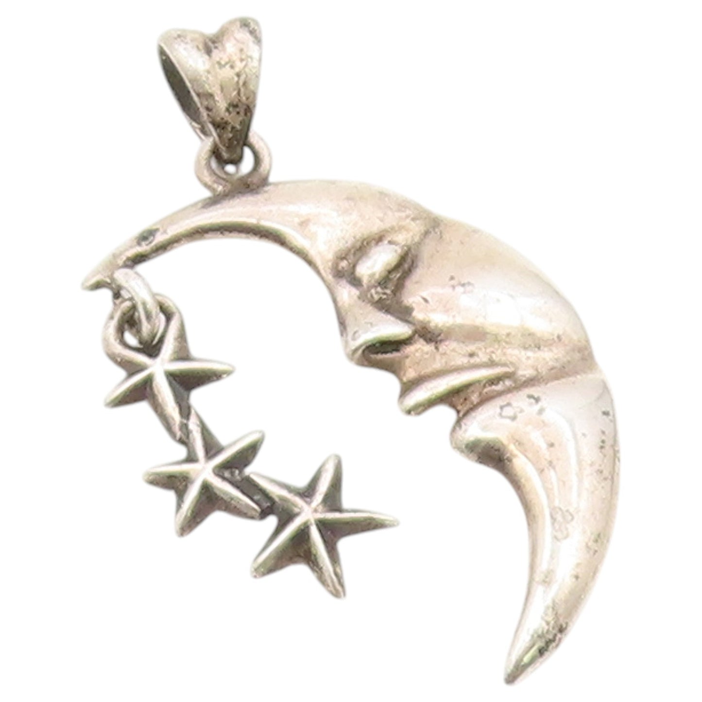 925 Sterling Silver Vintage Pendant Sleeping Crescent Moon & Triple Star PT26400