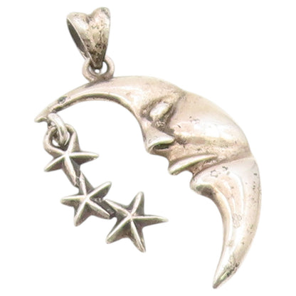 925 Sterling Silver Vintage Pendant Sleeping Crescent Moon & Triple Star PT26400
