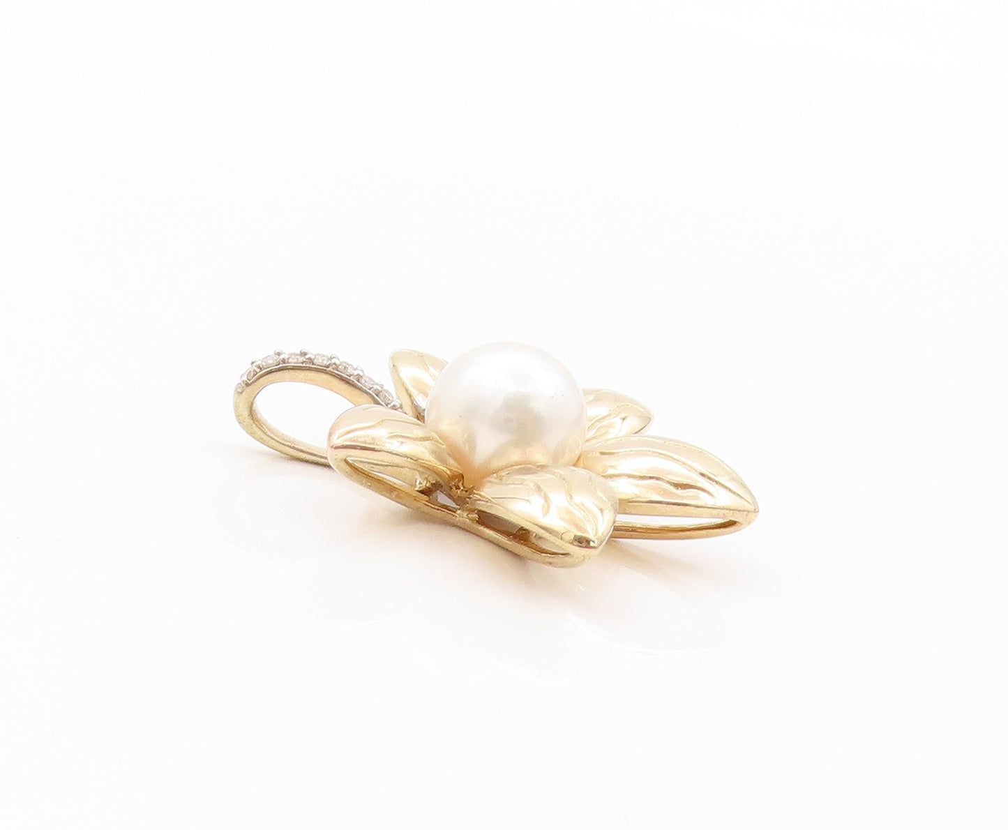 925 Sterling Silver Vintage Pendant Gold Plated Diamonds & Pearl Flower  PT24089