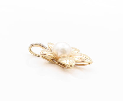 925 Sterling Silver Vintage Pendant Gold Plated Diamonds & Pearl Flower  PT24089
