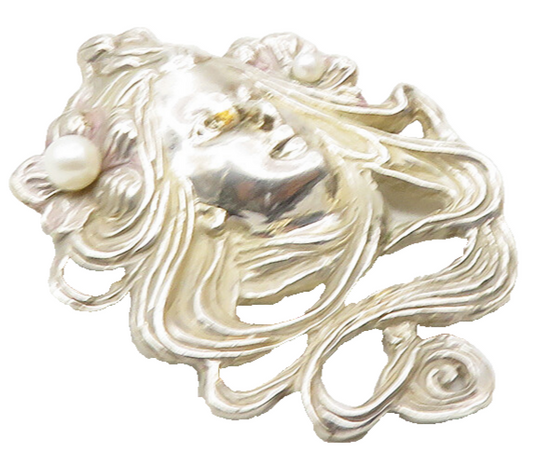 925 Sterling Silver  Vintage Modernist Pearls Woman's Face Pendant  PT7497