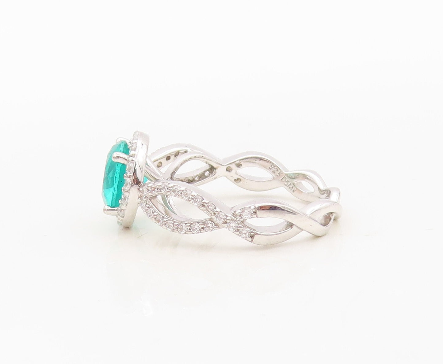 925 Sterling Silver Vintage Ring Designer Round Sea Green White CZ Sz 7 RG30368