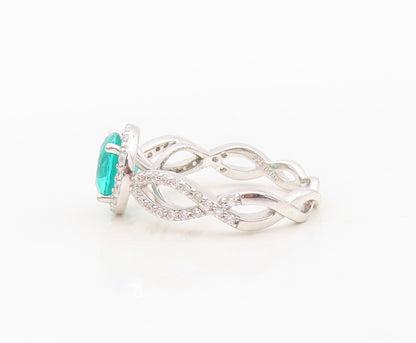 925 Sterling Silver Vintage Ring Designer Round Sea Green White CZ Sz 7 RG30368