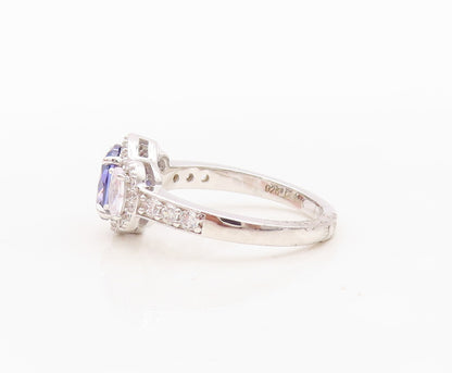 925 Sterling Silver Vintage Ring Oval Cut Tanzanite & CZ Inlay  Sz 7  RG30454