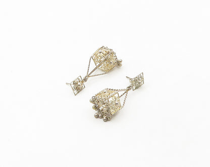 925 Sterling Silver  Vintage Shiny Floral Box Twist Dangle Earrings  EG9253