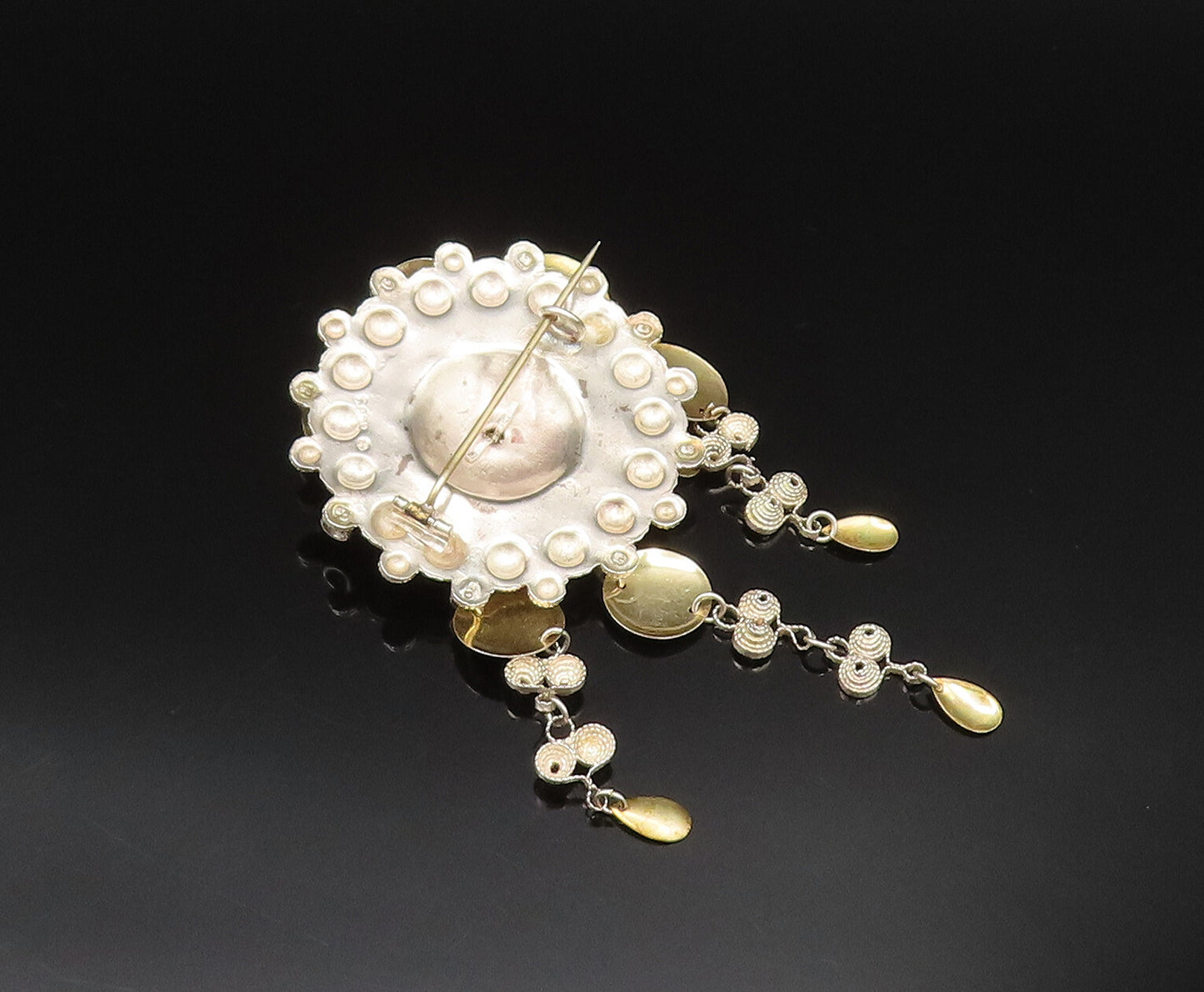 NORWAY 925 Silver  Vintage Two Tone Beaded Floral Disc Brooch Pin  BP9670