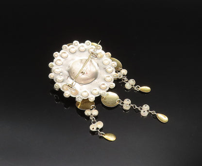 NORWAY 925 Silver  Vintage Two Tone Beaded Floral Disc Brooch Pin  BP9670
