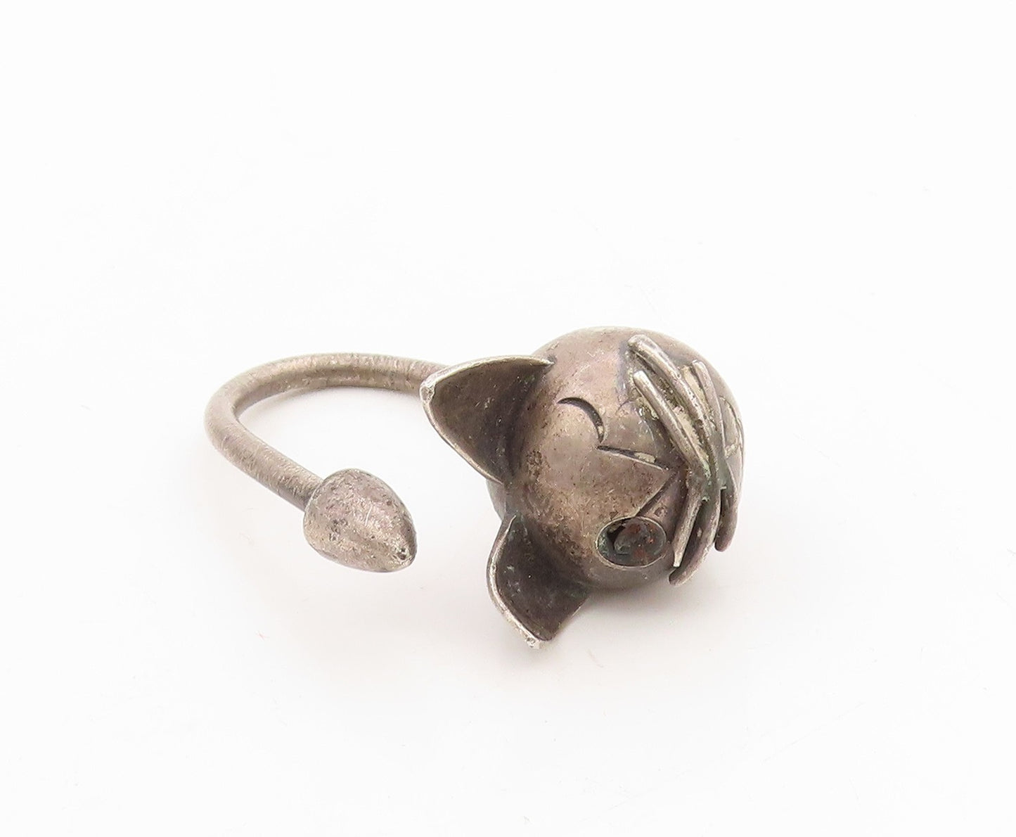 925 Sterling Silver Vintage Keychain Carved Figural Feline Kitten Charm  TR4132