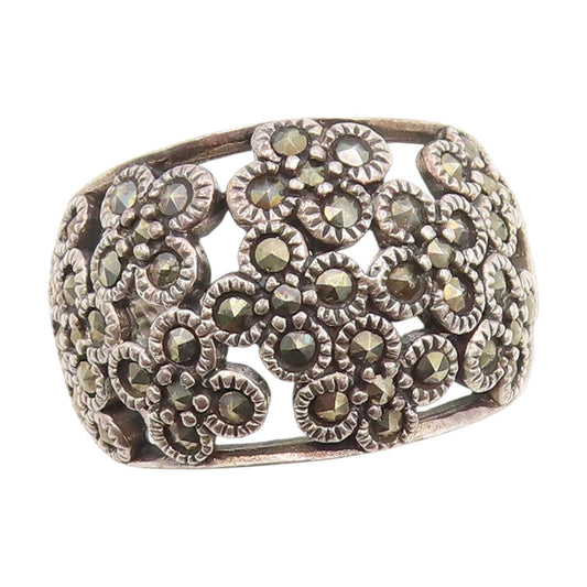 925 Sterling Silver Vintage Ring Marcasite Wide Floral Dome Band Sz 10.5 RG33944