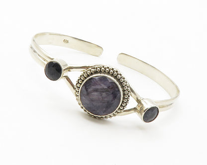 925 Sterling Silver  Vintage Faceted Grey Quartz Shiny Cuff Bracelet  BT5404