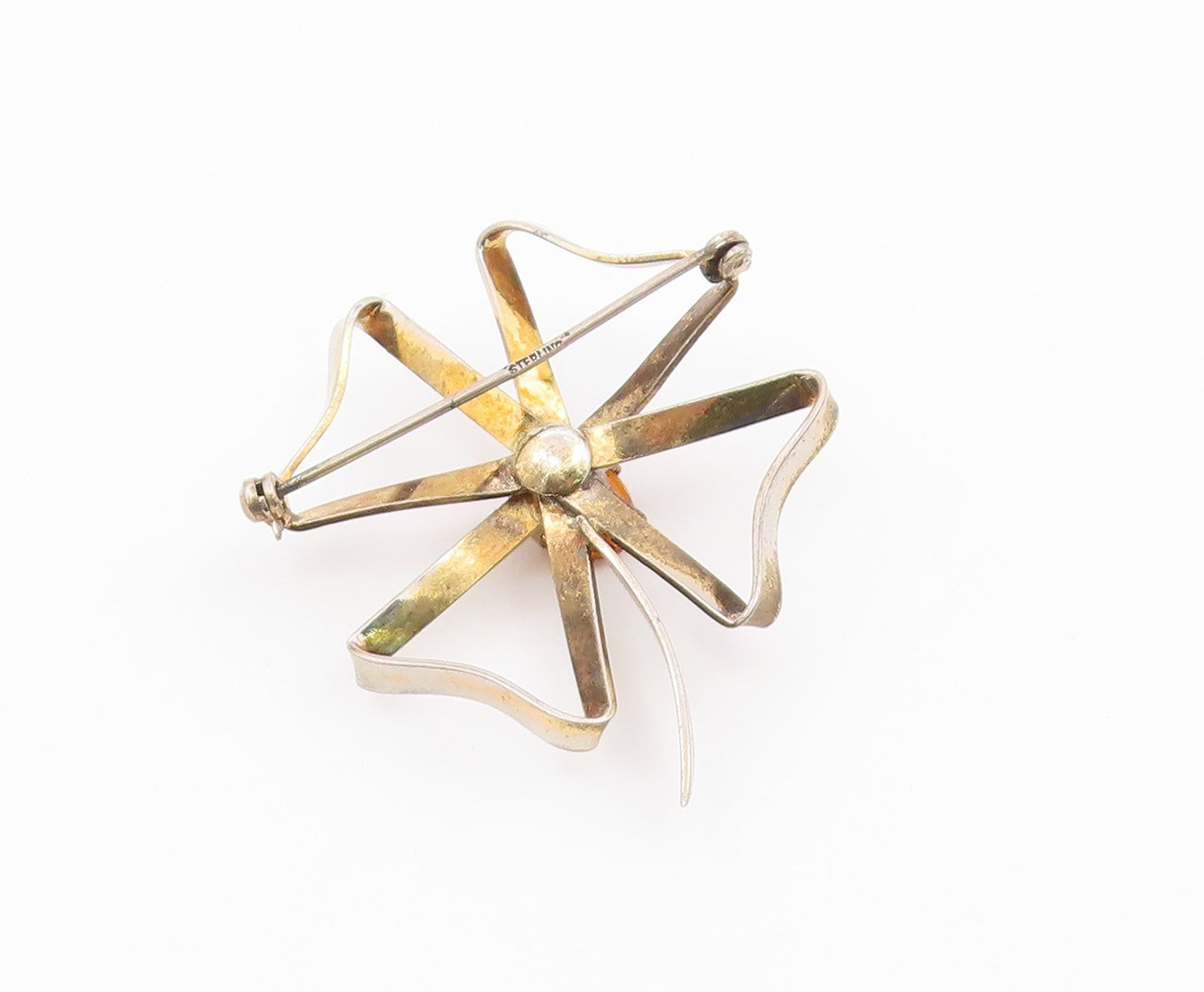 925 Sterling Silver  Vintage Citrine Ribbon Flower Shiny Brooch Pin  BP4975