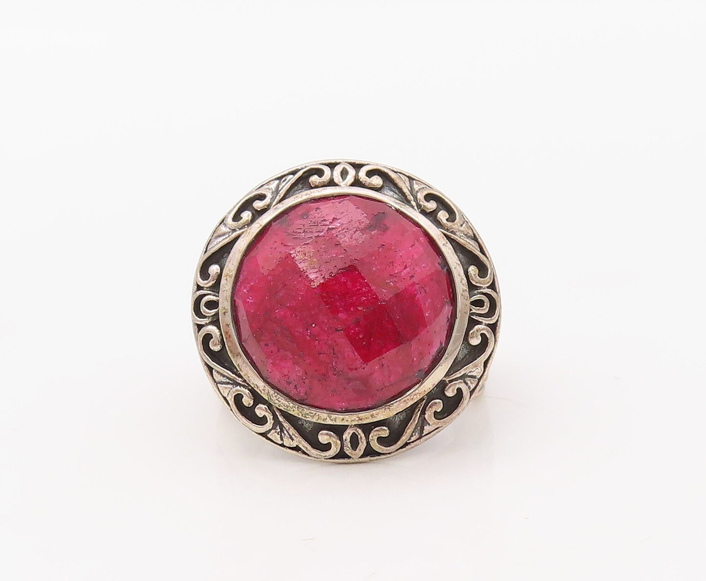 925 Sterling Silver Vintage Ring Real Round Gemstone Swirly Carved  Sz 7 RG30791