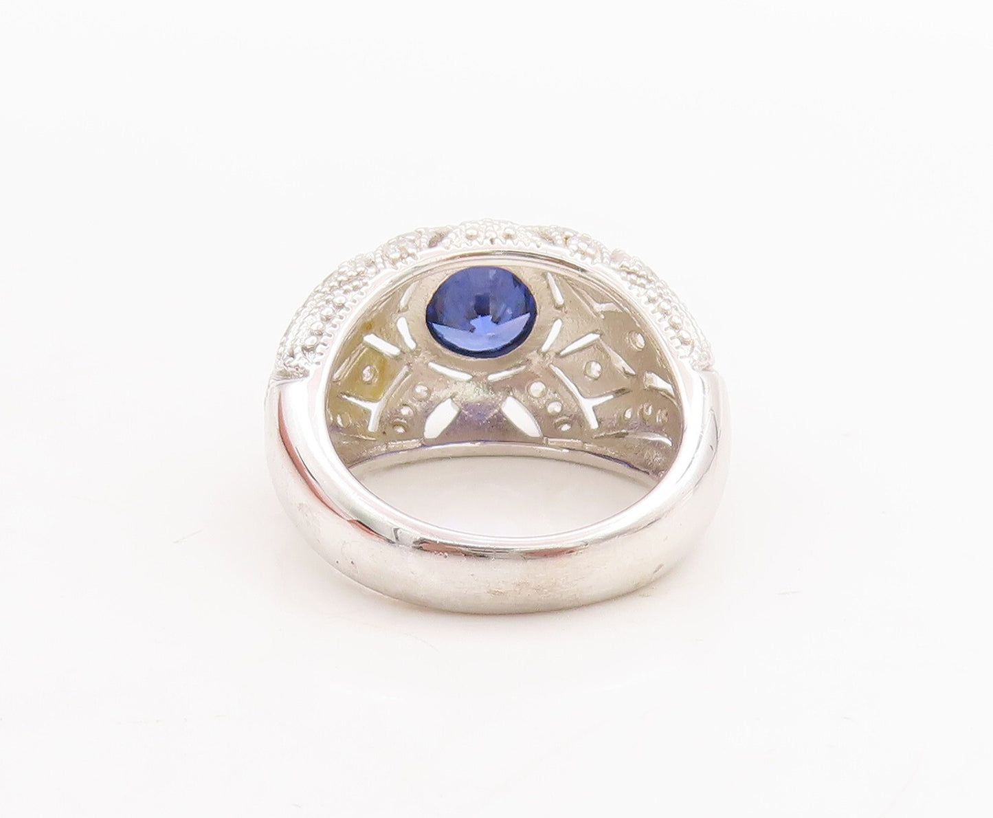 925 Sterling Silver Vintage Ring Round Sapphire Cutout CZ Inlay Sz 7.5  RG29237