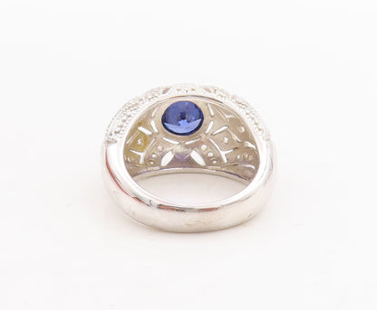 925 Sterling Silver Vintage Ring Round Sapphire Cutout CZ Inlay Sz 7.5  RG29237