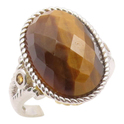 925 Sterling Silver Vintage Ring Faceted Tiger's Eye & Citrine  Sz 9  RG36361