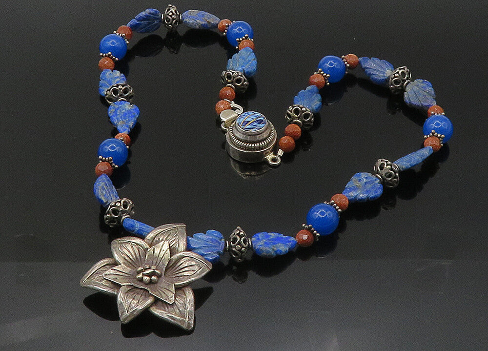 925 Silver  Vintage Lapis Lazuli Sodalite & Goldstone Chain Necklace  NE3529