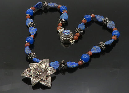 925 Silver  Vintage Lapis Lazuli Sodalite & Goldstone Chain Necklace  NE3529