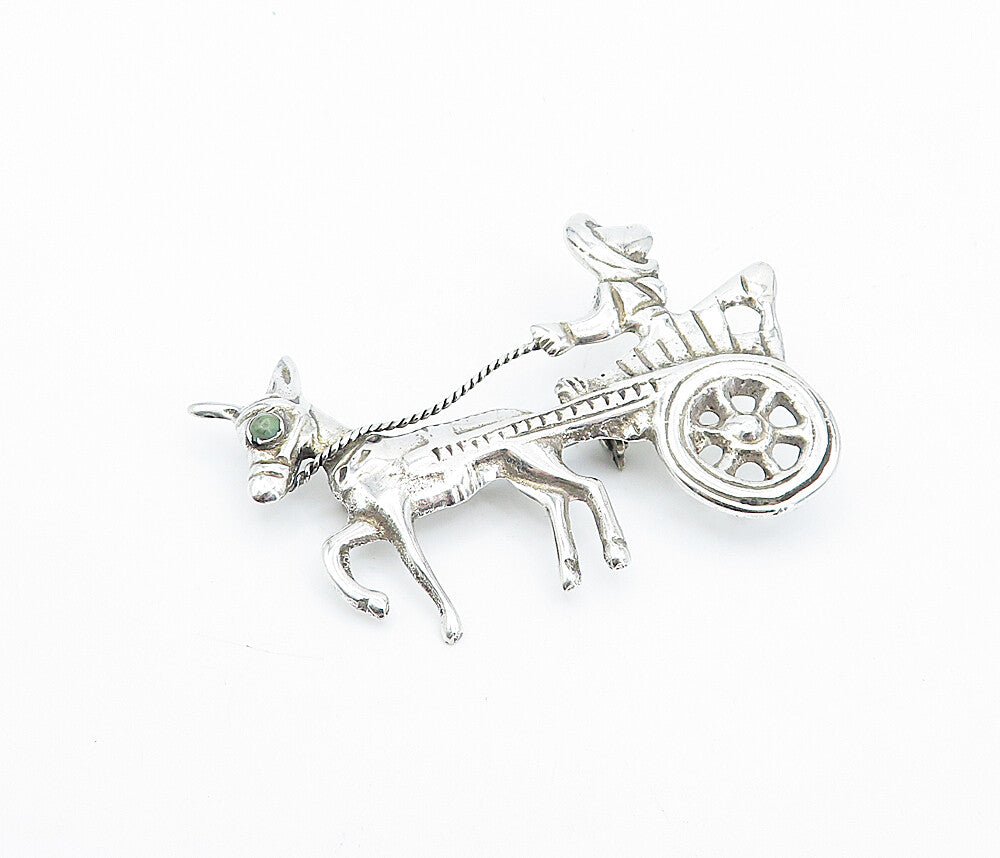 MEXICO 925 Sterling Silver Vintage Jasper Donkey Carriage Brooch Pin BP1322