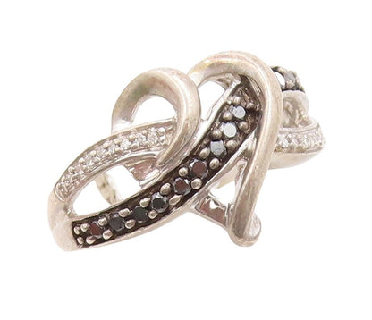 925 Sterling Silver Vintage Ring White & Black Diamonds Heart  Sz 6.5  RG31288