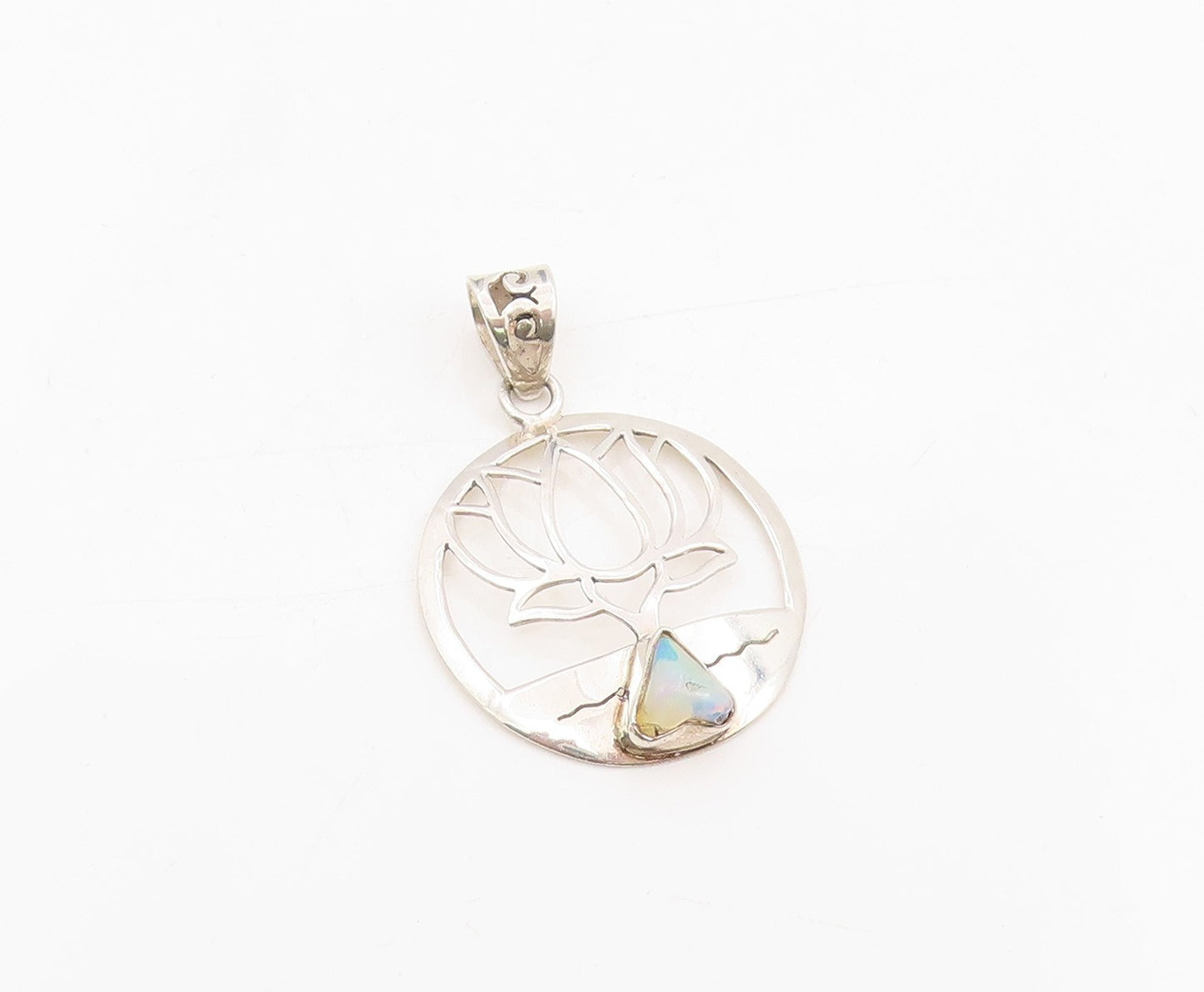 925 Sterling Silver Vintage Pendant Fire Opal Lotus Flower Cutout Medal  PT25565
