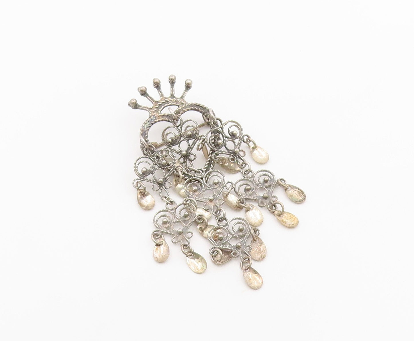 925 Sterling Silver Vintage Brooch Pin NORWAY Crowned Heart Filigree  BP12612