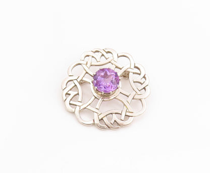 925 Sterling Silver Vintage Brooch Faceted Amethyst Celtic Cut Out Pin  BP11845