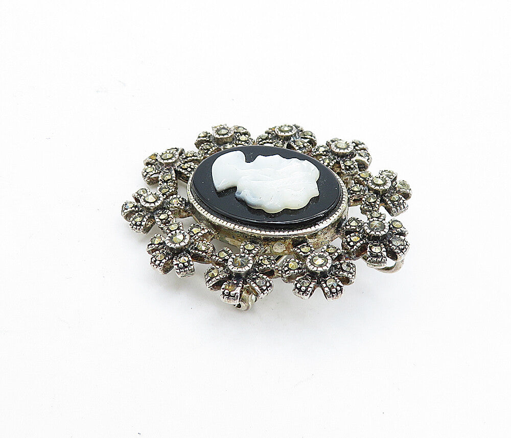 925 Silver  Vintage Mother Of Pearl & Black Onyx Cameo Brooch Pin  BP2587