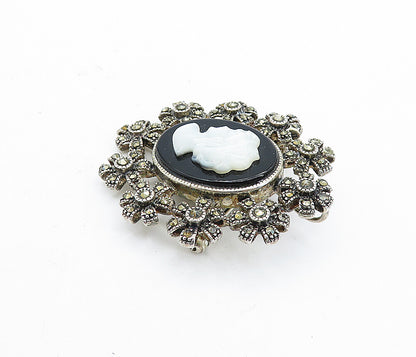 925 Silver  Vintage Mother Of Pearl & Black Onyx Cameo Brooch Pin  BP2587