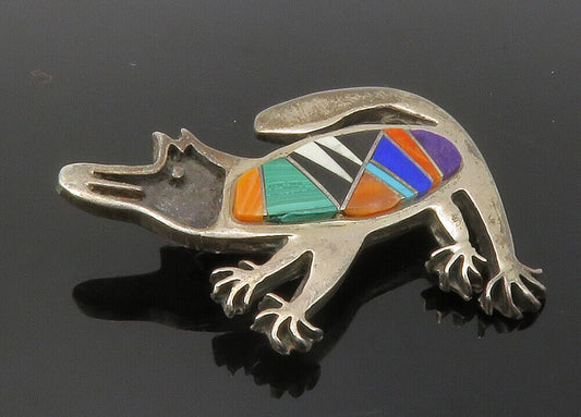 ZUNI 925 Silver - Vintage Malachite & Multi-Stone Animal Brooch Pin - BP4737