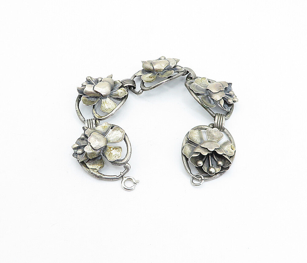 JEWELART 925 Sterling Silver  Vintage Sculpted Flower Chain Bracelet  BT1459
