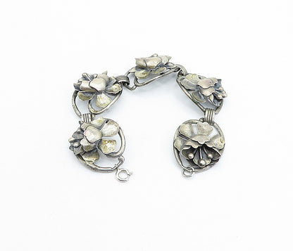 JEWELART 925 Sterling Silver  Vintage Sculpted Flower Chain Bracelet  BT1459