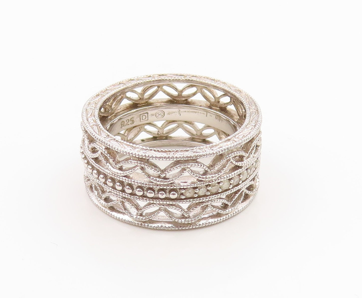 925 Sterling Silver Vintage Ring Real Diamonds Floral Scroll Band  Sz 5  RG36210