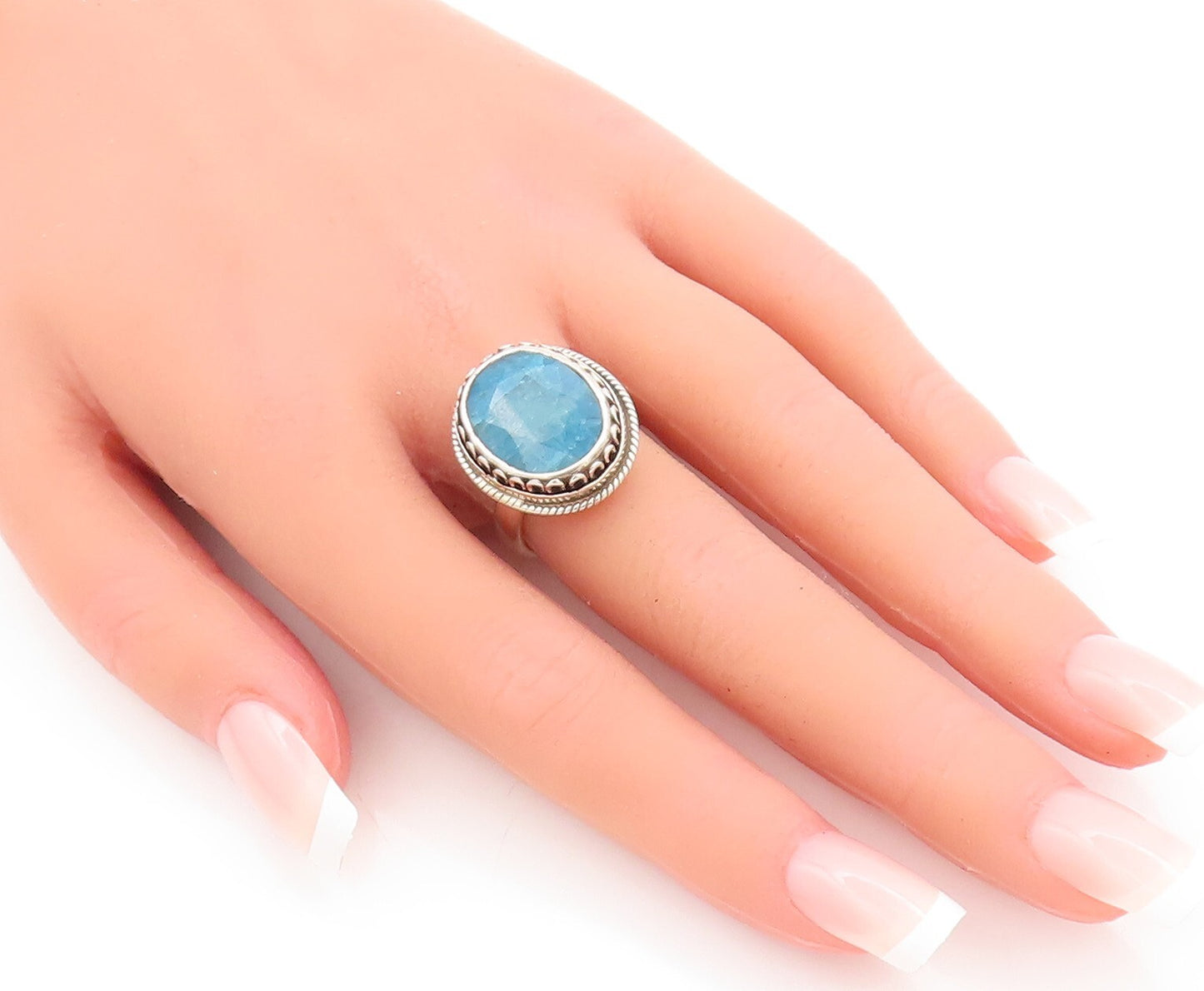 925 Sterling Silver Vintage Ring Swirly Oval Cut Blue Gemstone  Sz 7  RG29176