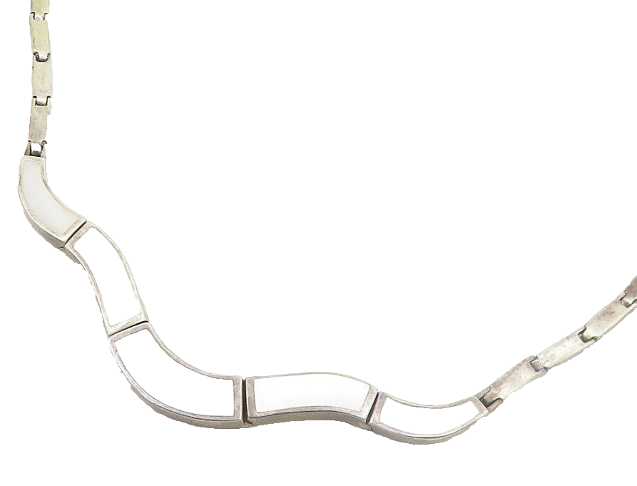 925 Sterling Silver  Vintage Inlaid Mother Of Pearl Chain Necklace  NE3232