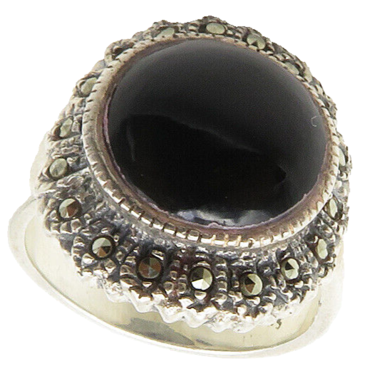 925 Silver  Vintage Black Onyx & Marcasite Floral Cocktail Ring Sz 7.5 RG13288