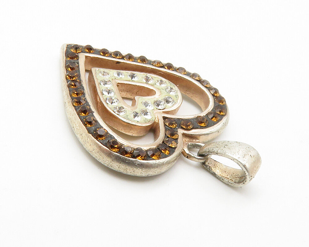 925 Sterling Silver  Vintage Topaz & Citrine Open Love Heart Pendant  PT11200