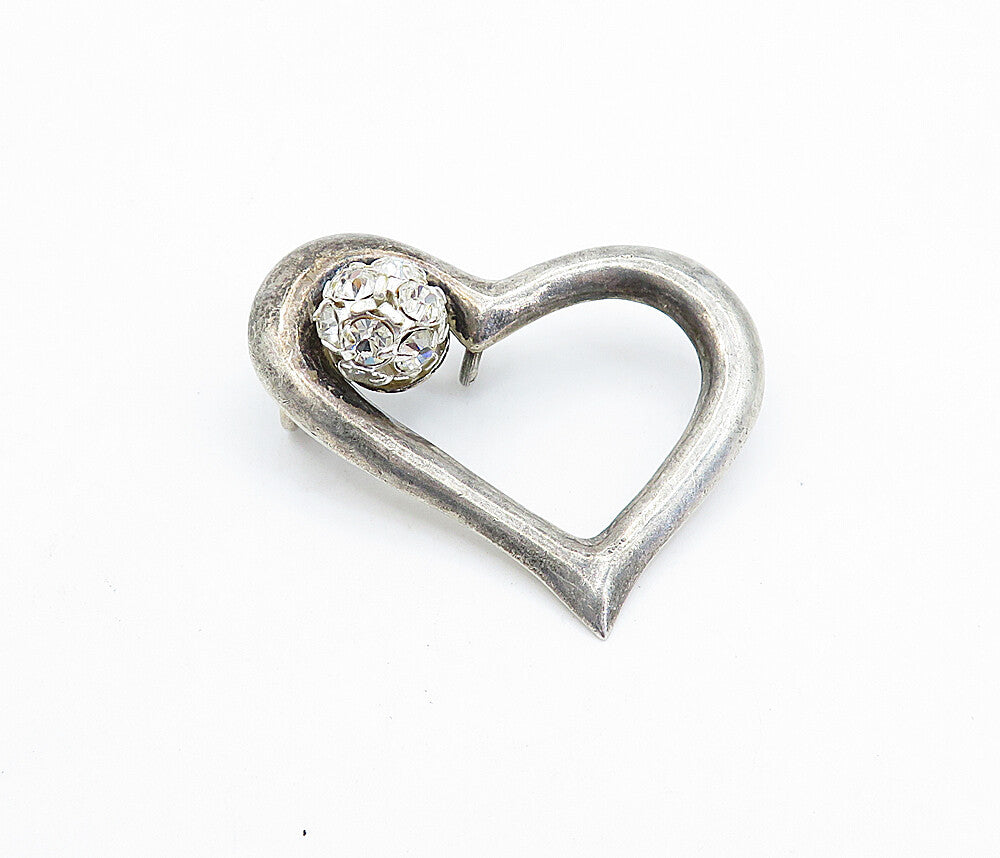 925 Sterling Silver  Vintage Cubic Zirconia Open Love Heart Pendant  PT2991