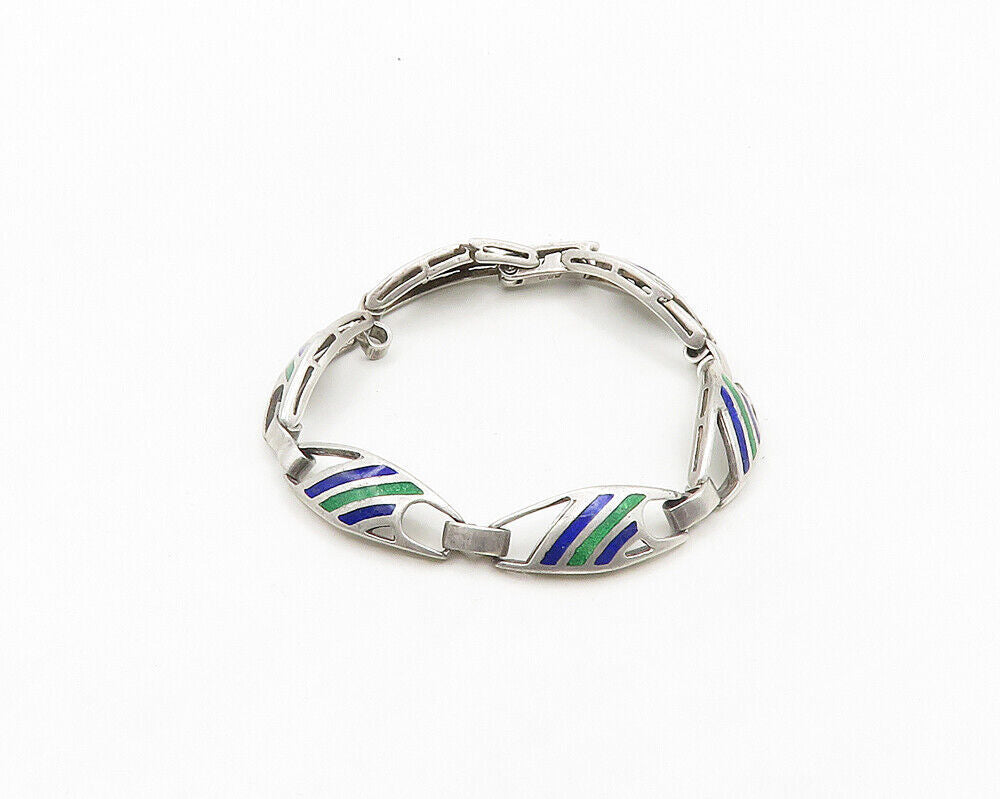 925 Sterling Silver  Vintage Enamel Striped Pattern Chain Bracelet  BT7861