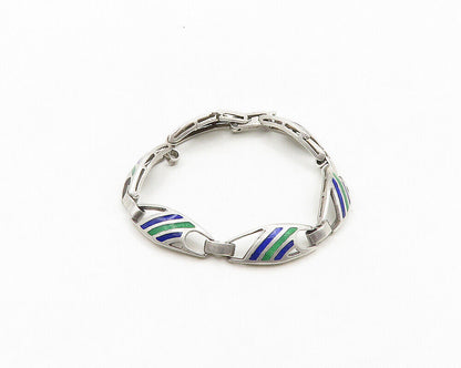 925 Sterling Silver  Vintage Enamel Striped Pattern Chain Bracelet  BT7861