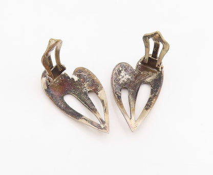 925 Sterling Silver Vintage Earrings Chunky Love Heart Cutout Clip On  EG13929