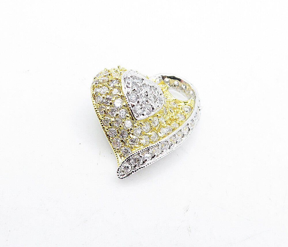 925 Sterling Silver  Shiny Cubic Zirconia Two Tone Love Heart Pendant  PT3799