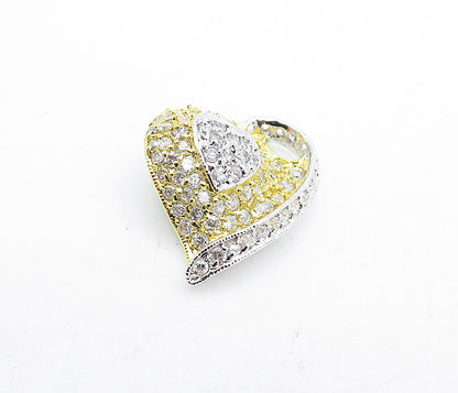 925 Sterling Silver  Shiny Cubic Zirconia Two Tone Love Heart Pendant  PT3799