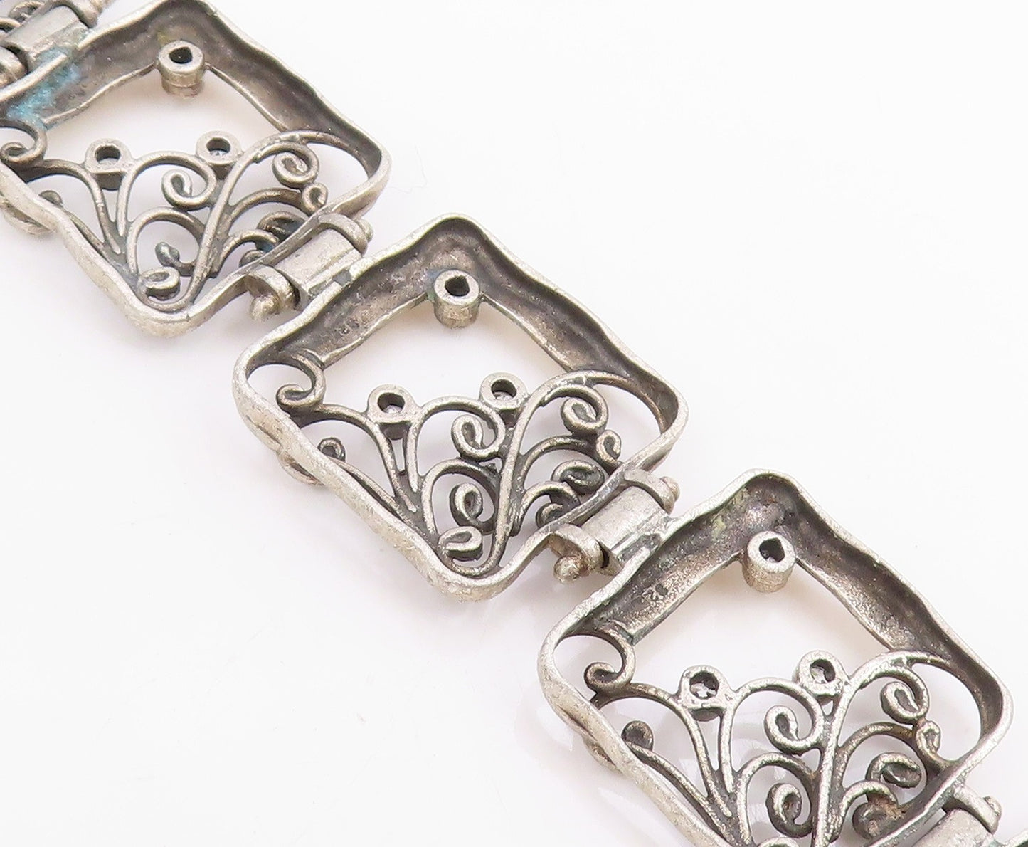 14k Gold & 925 Sterling Silver Vintage Bracelet CZ Floral Panel Link  BT11846