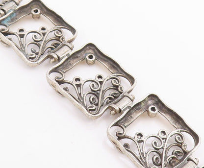 14k Gold & 925 Sterling Silver Vintage Bracelet CZ Floral Panel Link  BT11846