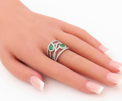 925 Sterling Silver Vintage Ring Cutout Band Green & White CZ Inlay Sz 7 RG30445