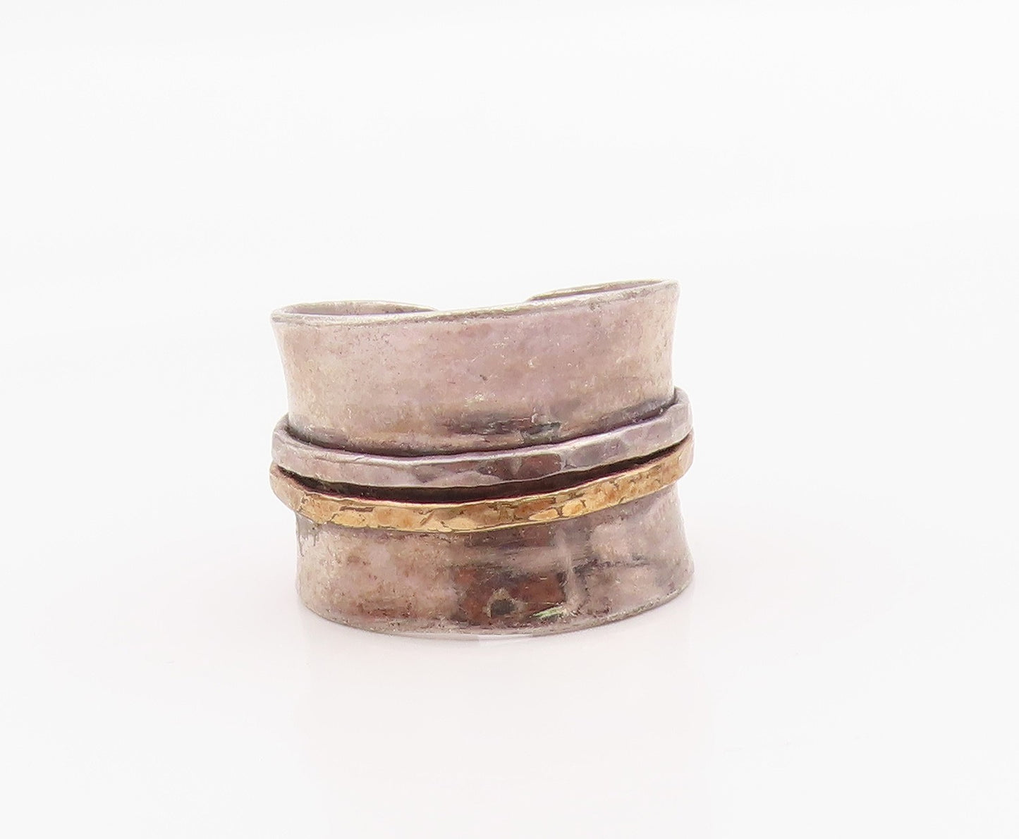 925 Sterling Silver Vintage Ring Two Tone Hammered Wide Band  Sz 6.5  RG36300